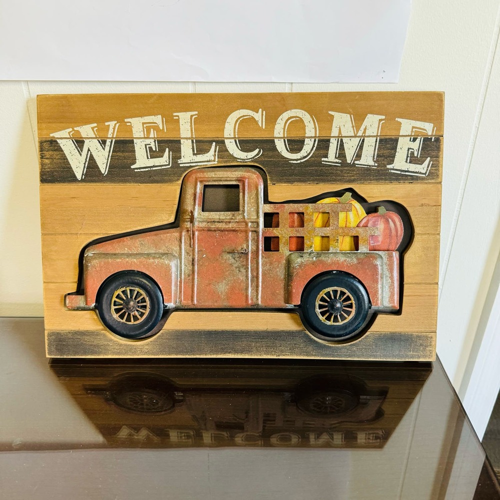 Wood & Metal Happy Harvest Welcome Pumpkin Farmhouse Pickup Truck Wall Decor NEW